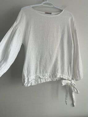 Valentina Naldi 100% Linen White Long-Sleeve Tie-Hem Blouse Size Small